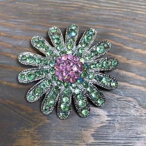 💚Vintage Brooch 💚Rhinestone Watermelon Pink Green Colored Flower Brooch!